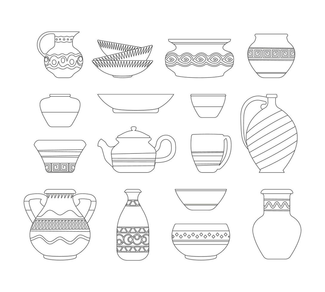 Outline vases. Abstract vintage linear pottery icons, minimal ancient decorative ceramic utensil pot jug vessel urn, simple clay craft objects. Vector set