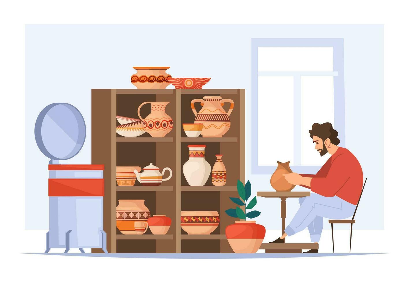 Pottery workshop. Ceramic workplace with kiln pottery wheel shelves clay utensil, cartoon characters making handmade clay crockery. Vector illustration