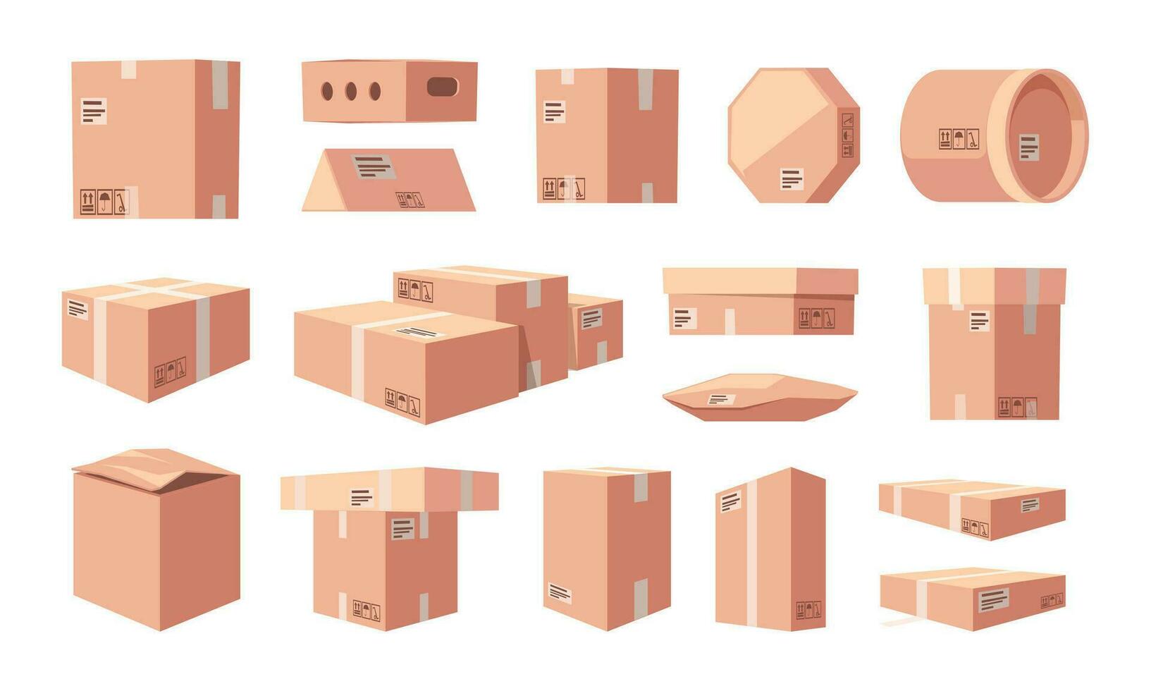 Closed cardboard boxes. Carton parcel cargo package, delivery paper containers shipping packaging mockups distribution concept. Vector isolated set