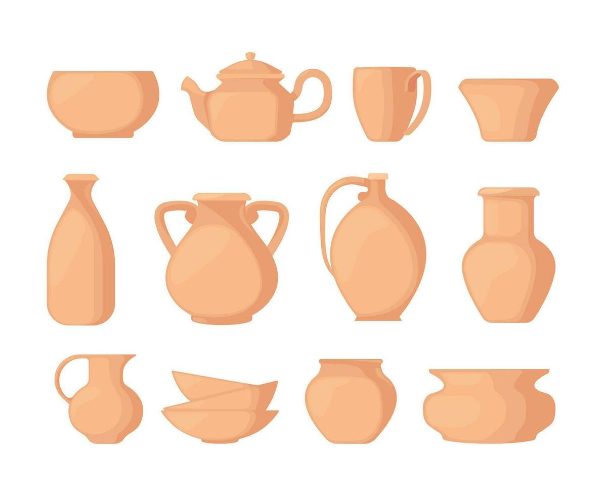 Clay vases. Ceramic ancient pottery kitchenware, earthenware cup pot vessel kettle jar pitcher utensil decorative cookware assortment flat style. Vector set