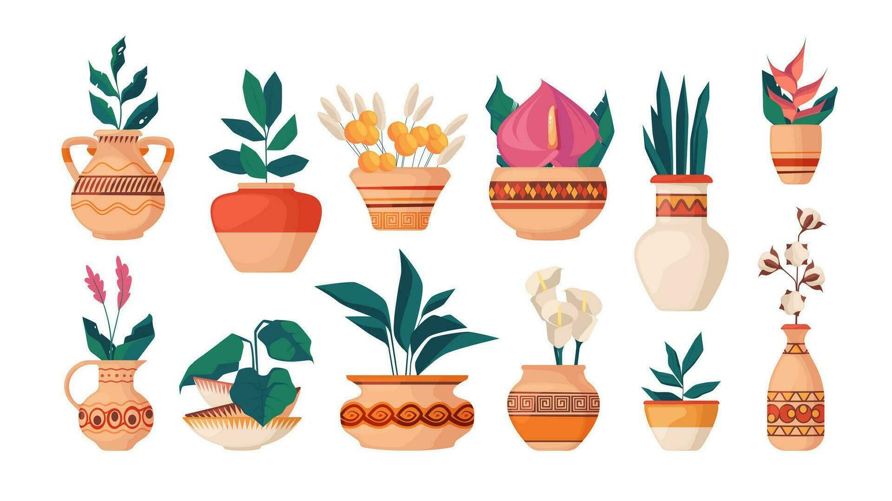 Scandinavian vases with plants. Group of ceramic pottery with flower bouquet, minimal cartoon clay pots with blooming houseplants botanical vector