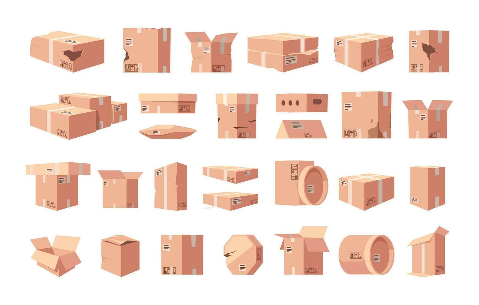 Damaged cardboard boxes. Crumpled carton delivery package, smashed torn parcel sealed wrinkled cargo flat style. Vector isolated set