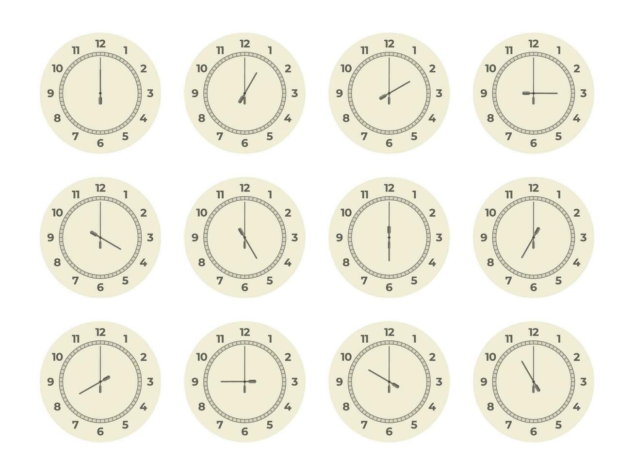 Clock hours set. Round watch faces with arabic roman numbers, twelve dial elements analog displays showing different time. Vector isolated collection