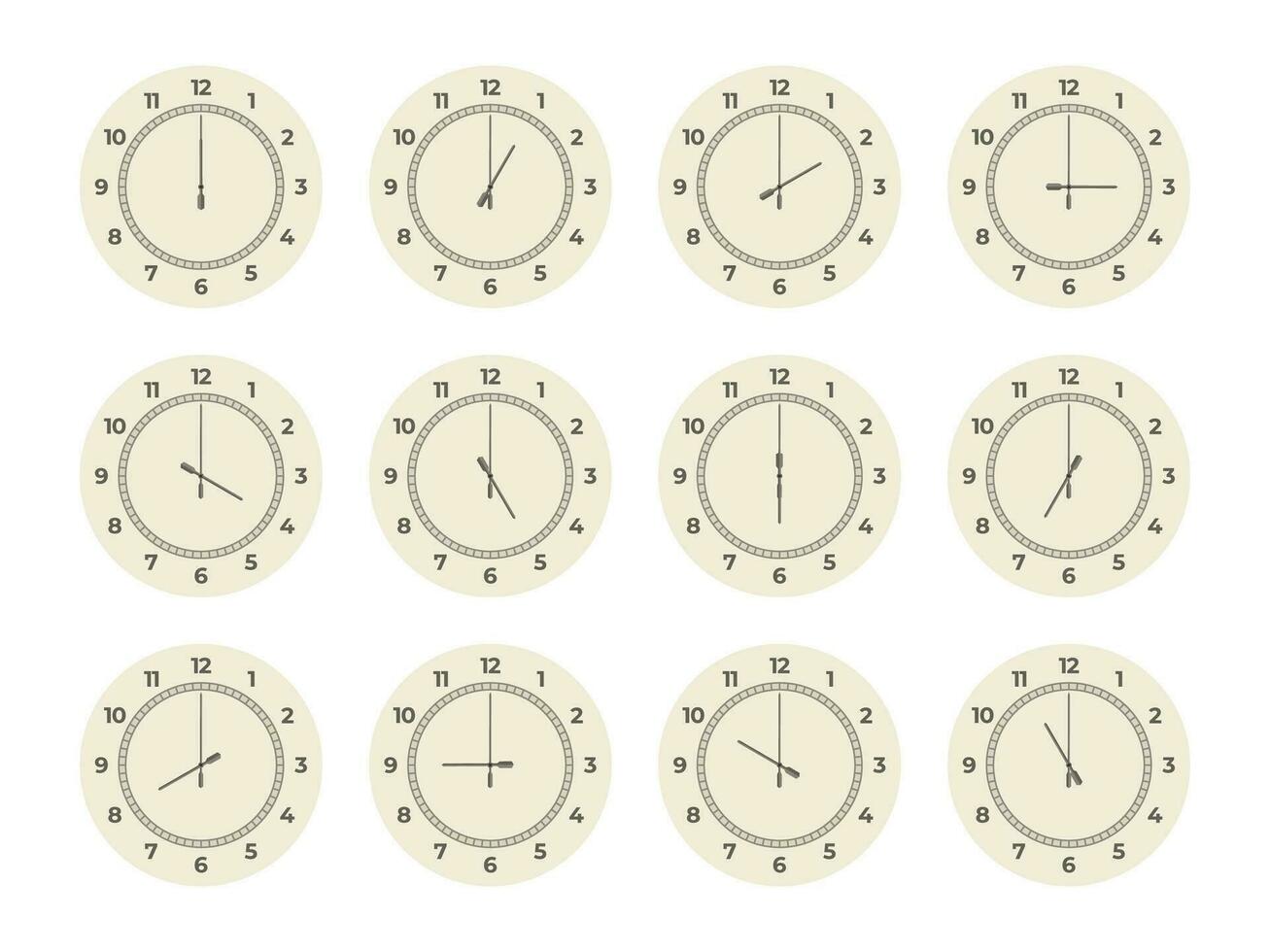 reloj horas colocar. redondo reloj caras con Arábica romano números, doce marcar elementos término análogo muestra demostración diferente tiempo. vector aislado colección