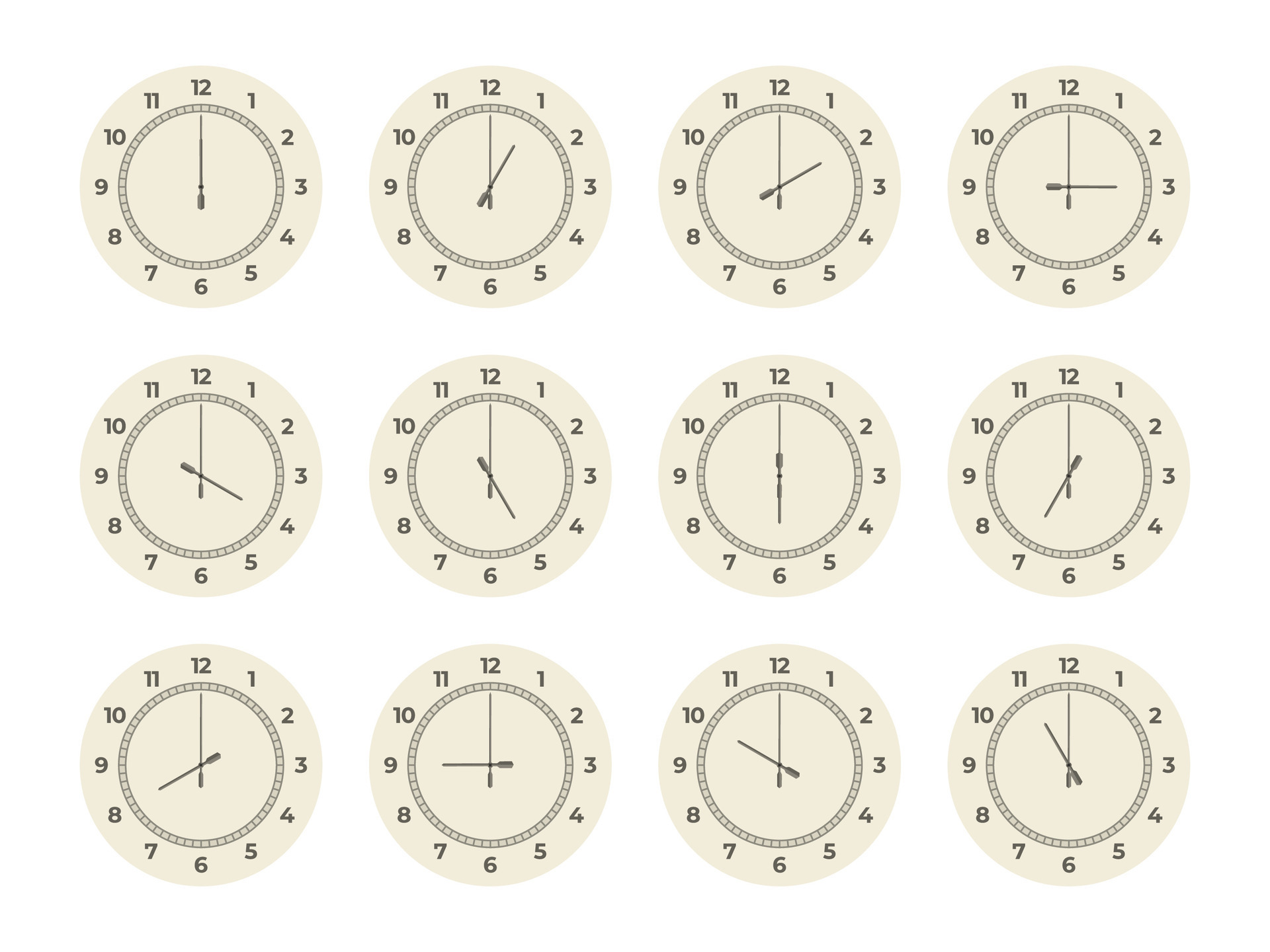 Clock hours set. Round watch faces with arabic roman numbers, twelve