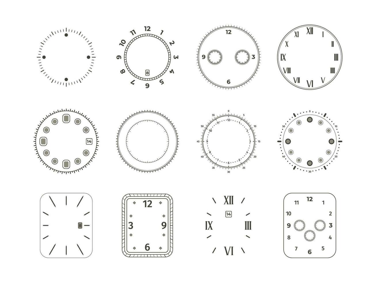 Analog clock face. Watch dial with time numbers chronometer stopwatch, elegant vintage circles mechanical wristwatch elements. Vector isolated set