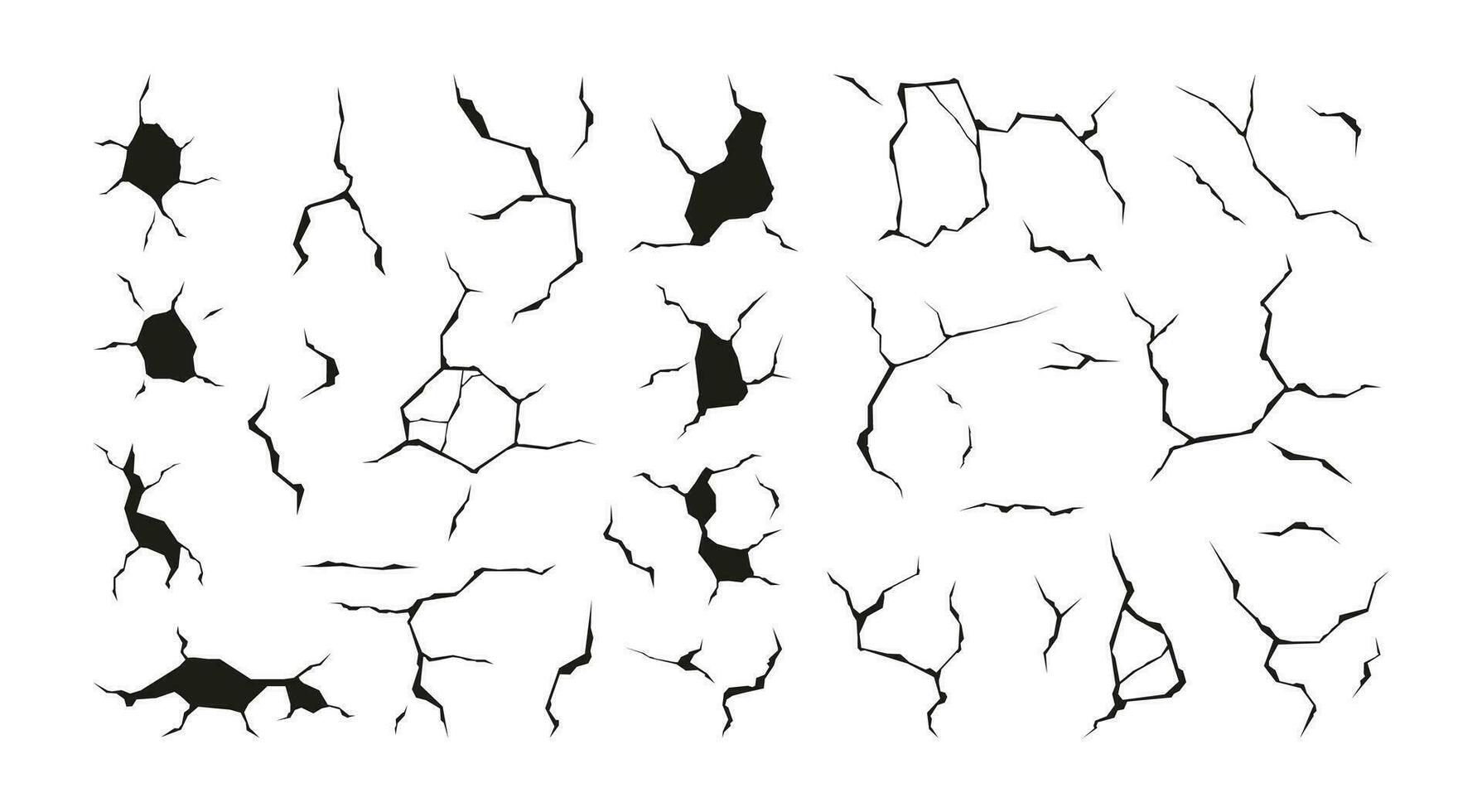 Cracks and holes. Wall surface damage ground collapse earthquake geology destruction ruined texture failure crash split hollow effect. Vector isolated set