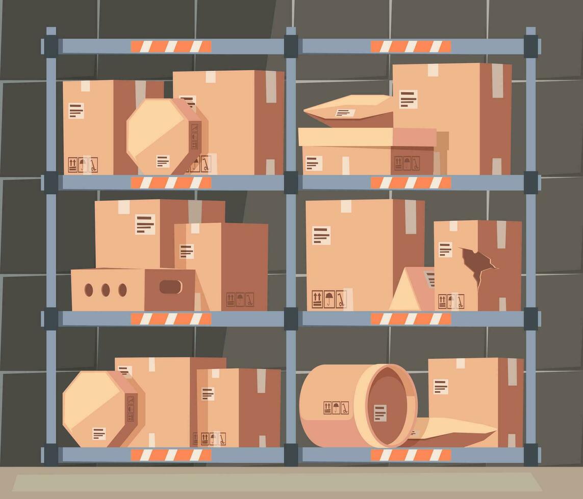 Shelves with boxes. Warehouse with racks of cardboard package containers, storehouse with crate of carton delivery cargo goods. Vector flat illustration