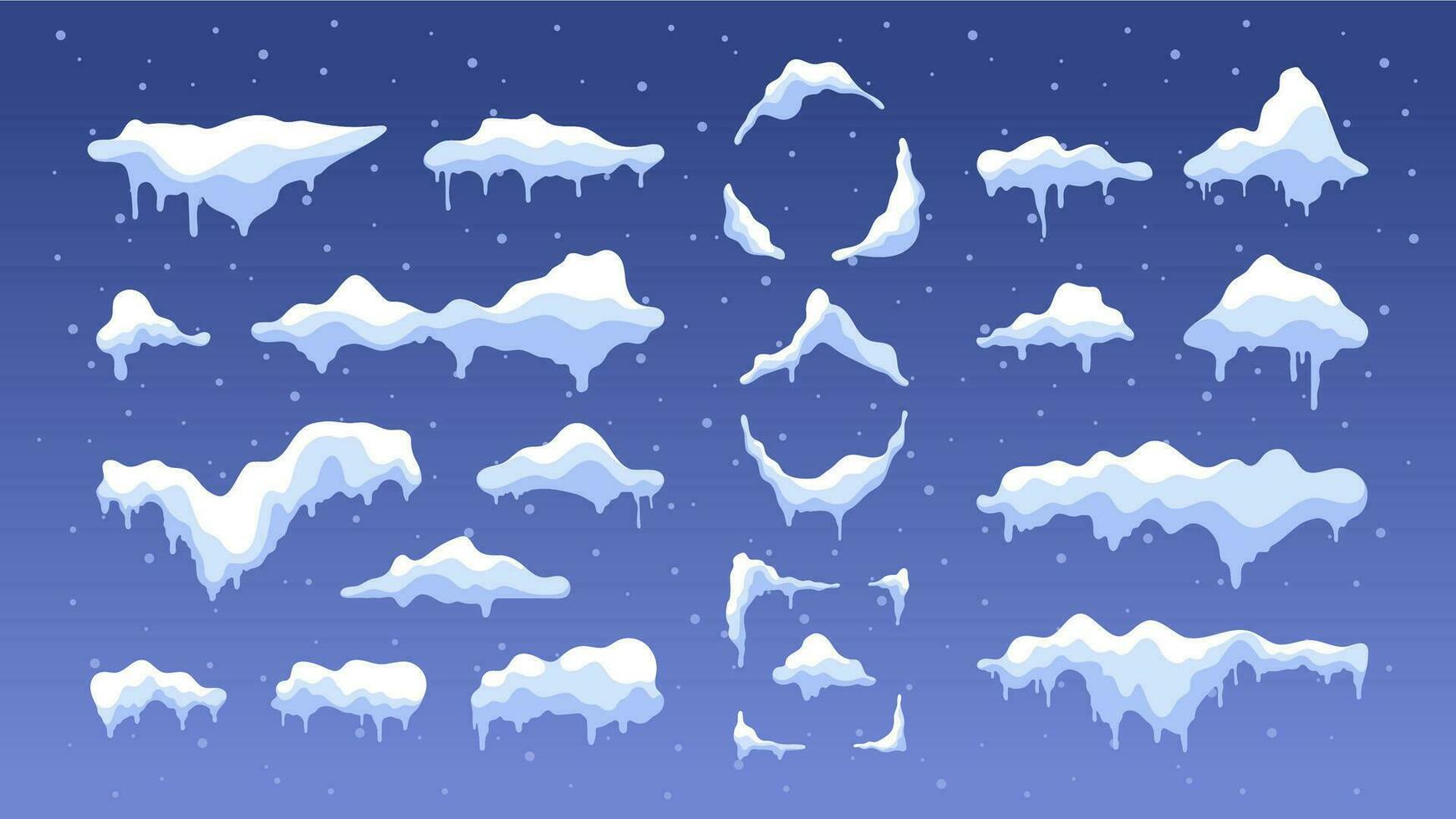 Cartoon snow caps with icicles. Snowy frozen cold winter season weather elements, snowball snowflake icy snowcap frost decoration. Vector isolated set