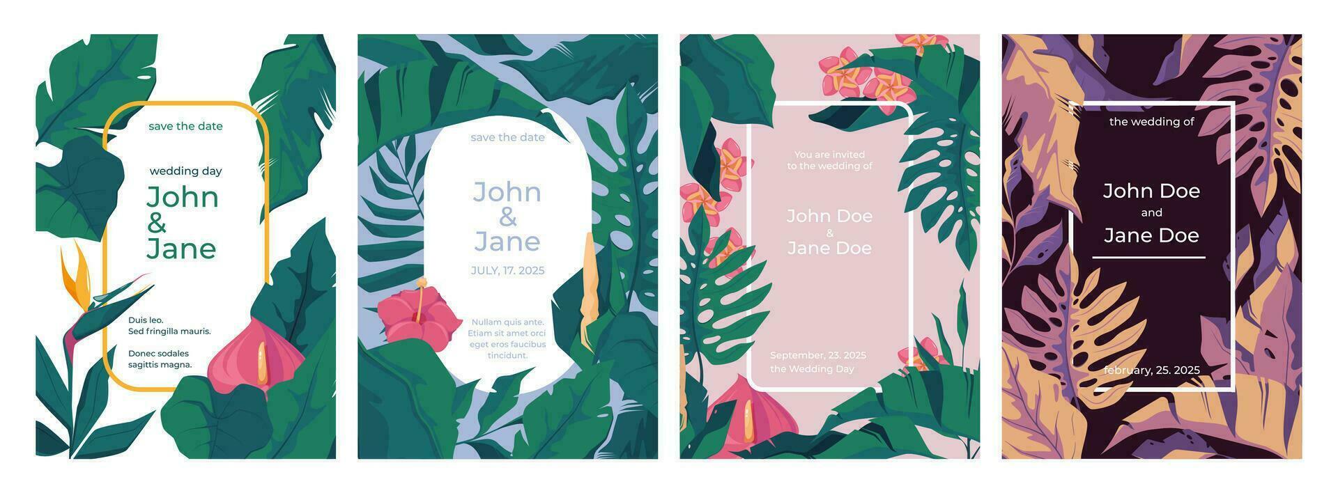 Exotic wedding invitation. Tropical botanical decorative save the date posters, vintage floral romantic anniversary celebration card design. Vector collection