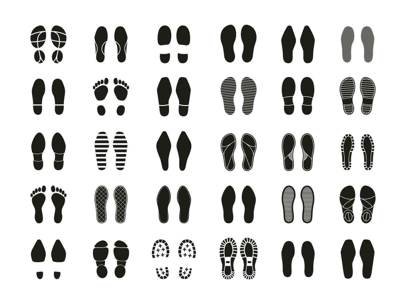 Footprint silhouette. Human footsteps shoe sole contour signs, people kids feet boots imprint for trail hiking trekking traceability. Vector isolated set