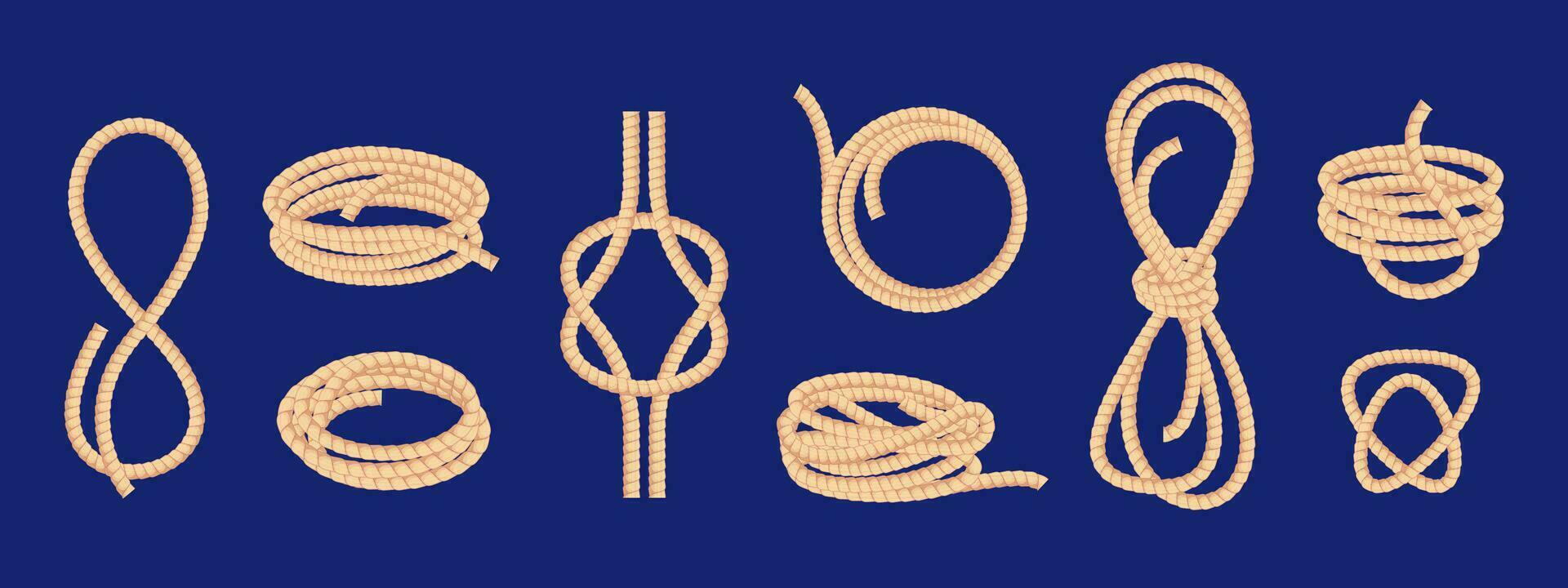Folded ropes. Sketch trimming icons for catching cattle, twisted braided string thread knotted ship lasso folded in different ways. Vector isolated set
