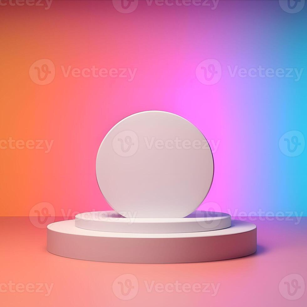 White Podium Pedestal for Product Presentation with Colorful Vibrant Background. Display Podium with Colorful Neon Lights. photo