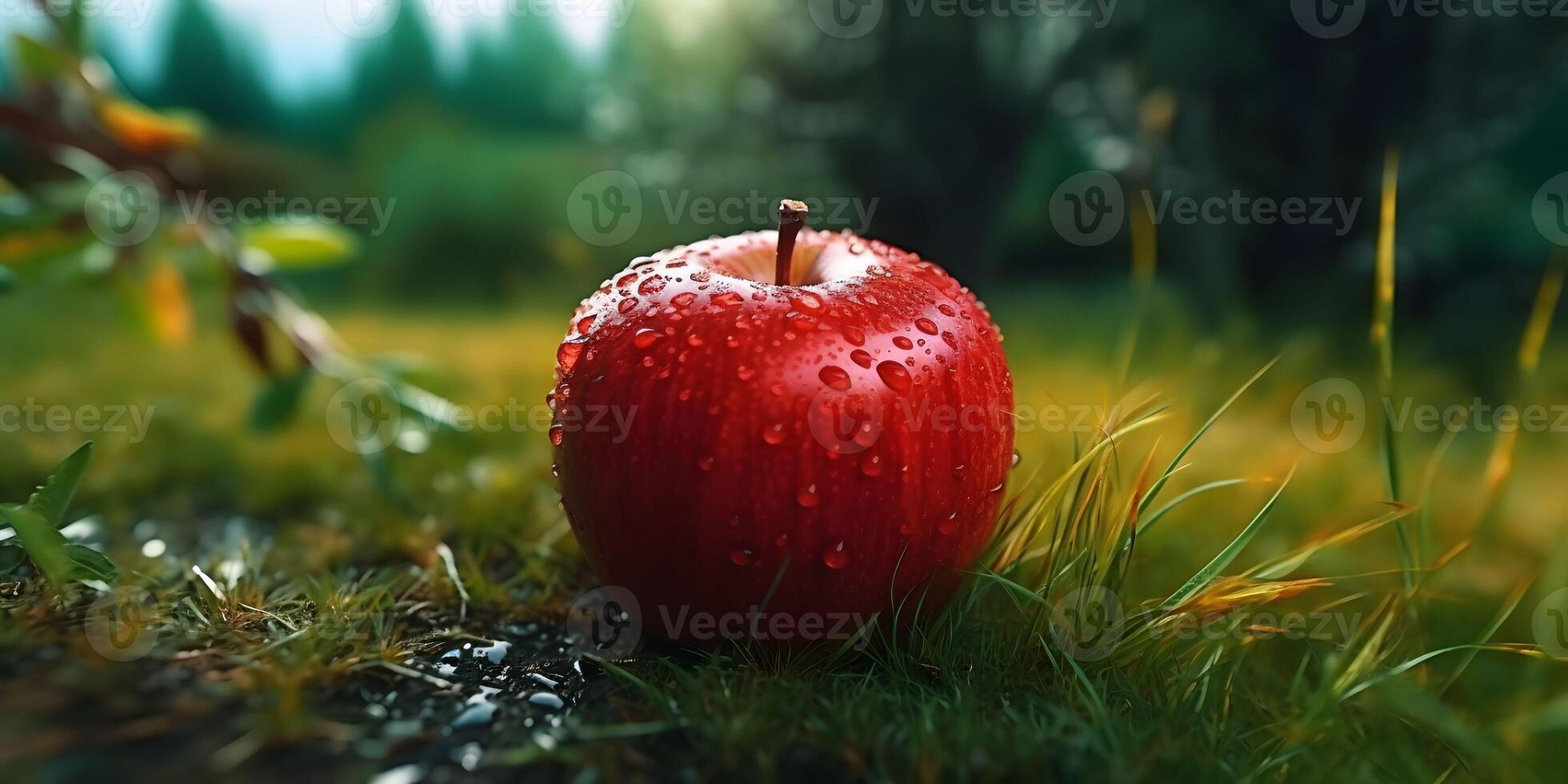 Fresh Red Apple on Green Grass. photo