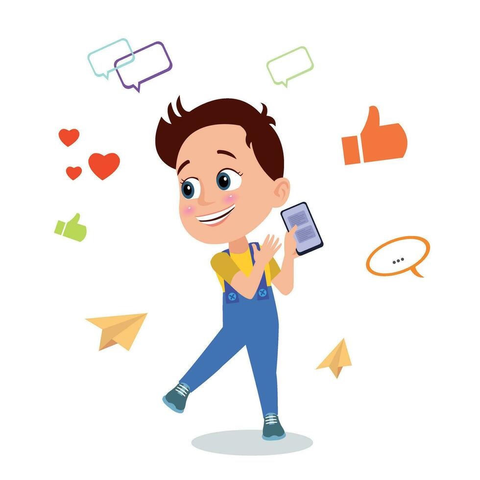 Cute boy with smartphone and speech bubbles. Vector cartoon illustration.