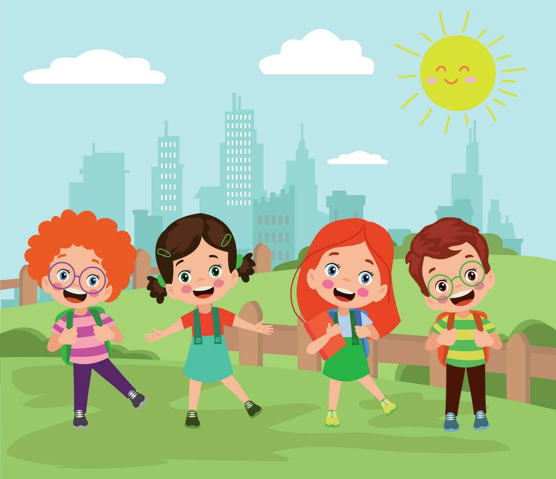 Happy kids playing in the park. Vector illustration in cartoon style.