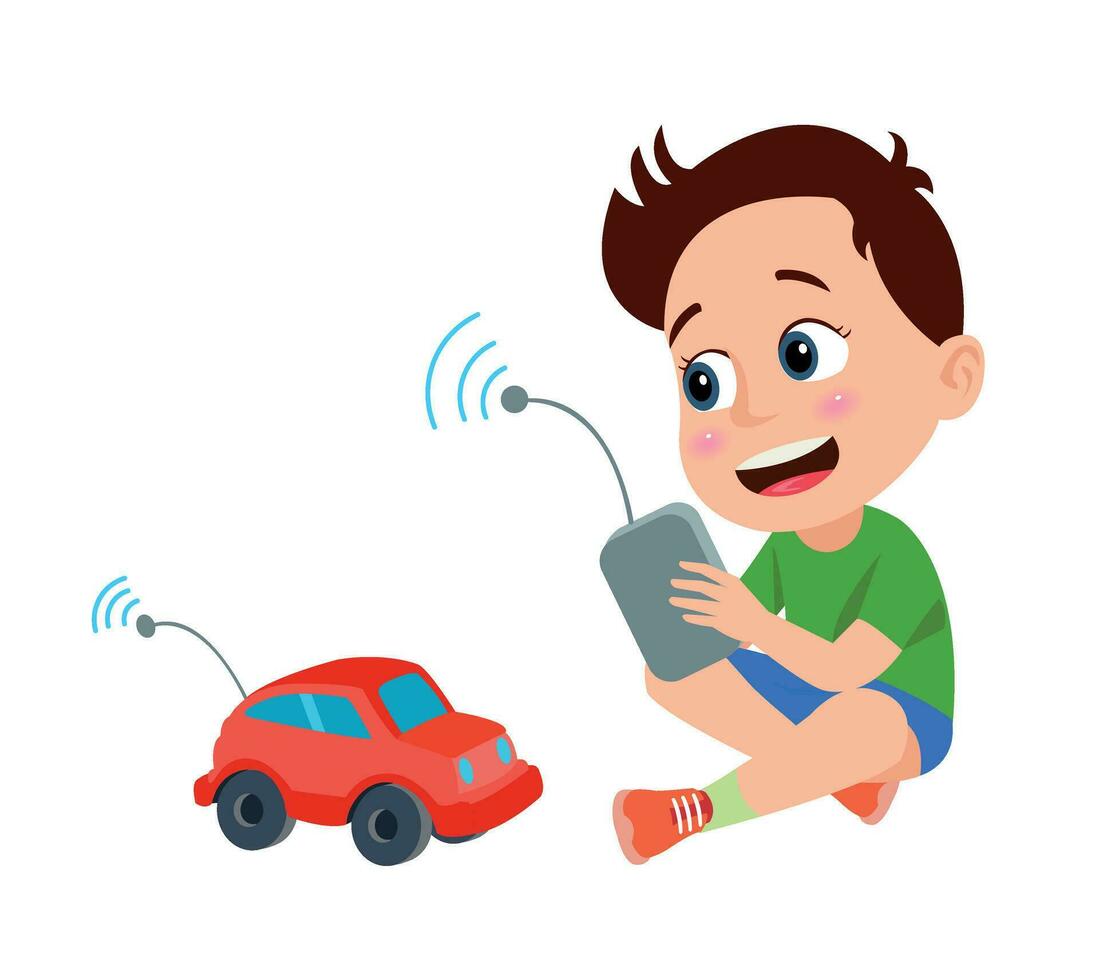 Cute little boy playing with toy car. Vector cartoon illustration.