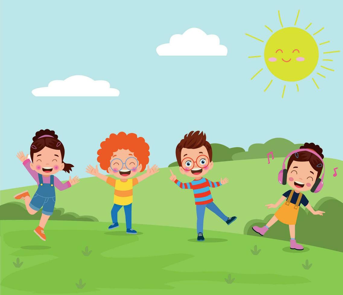 Happy kids playing in the park. Vector illustration of happy kids having fun outdoors.