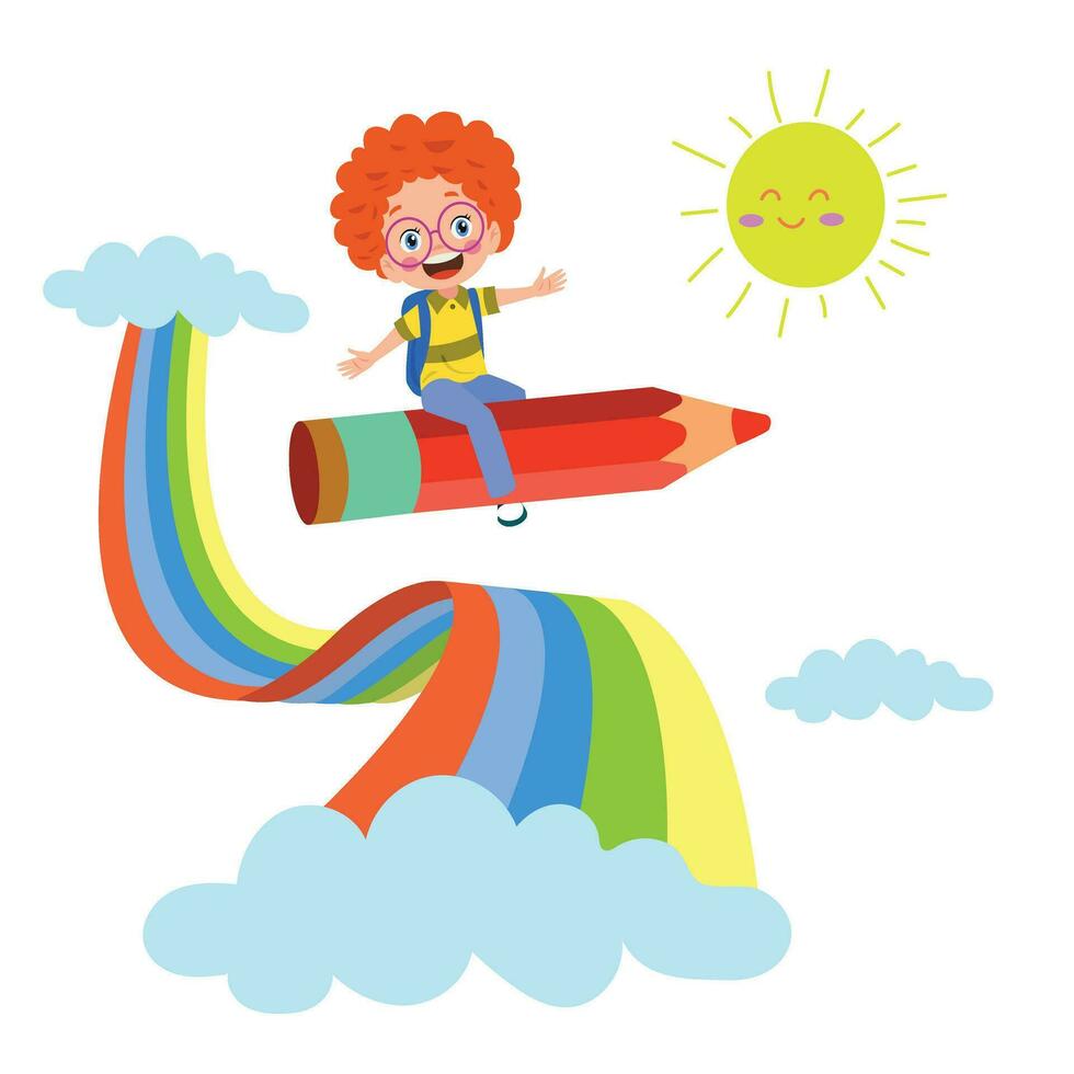 Cute Little Red Haired Girl Flying on Colorful Pencil with Sun and Clouds Background Vector Illustration