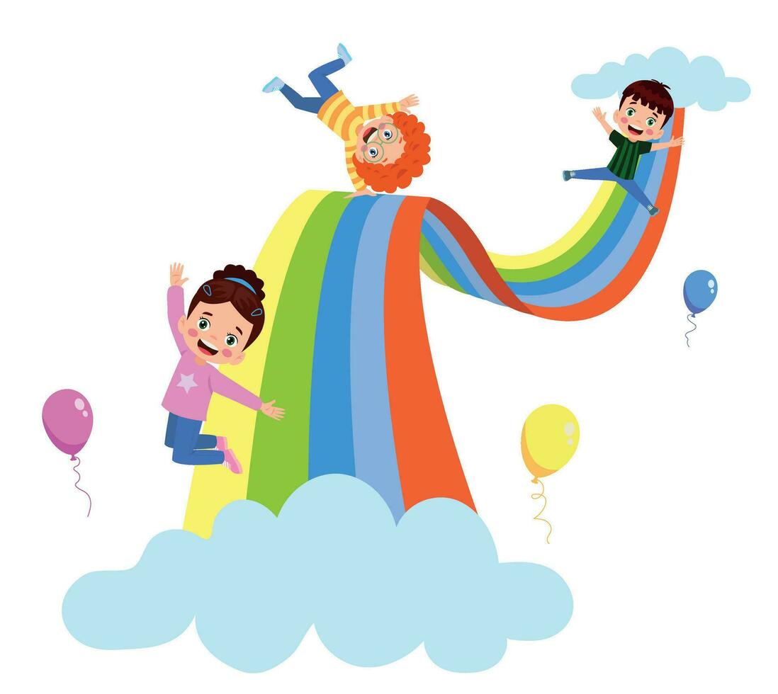 Happy children on the rainbow. Vector illustration in a flat style.