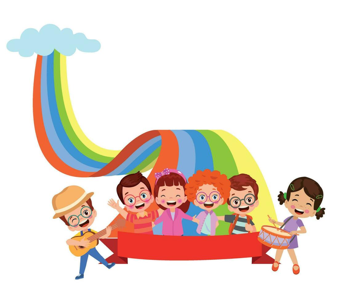 Children playing on a rainbow. Vector illustration in flat cartoon style.