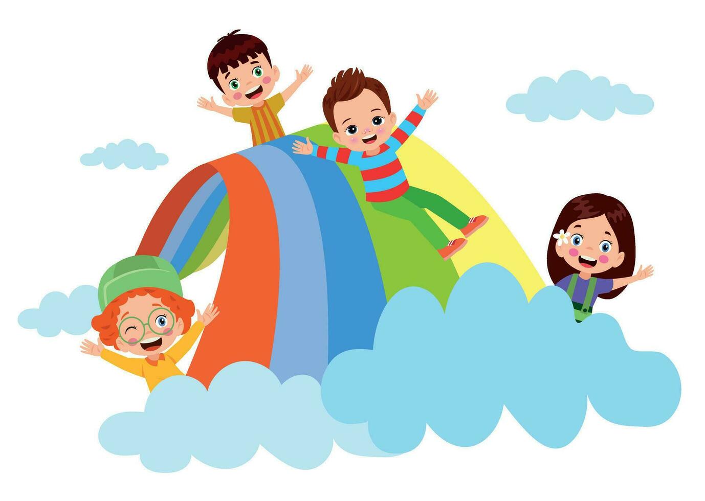 Children playing on a rainbow. Vector illustration in flat cartoon style.