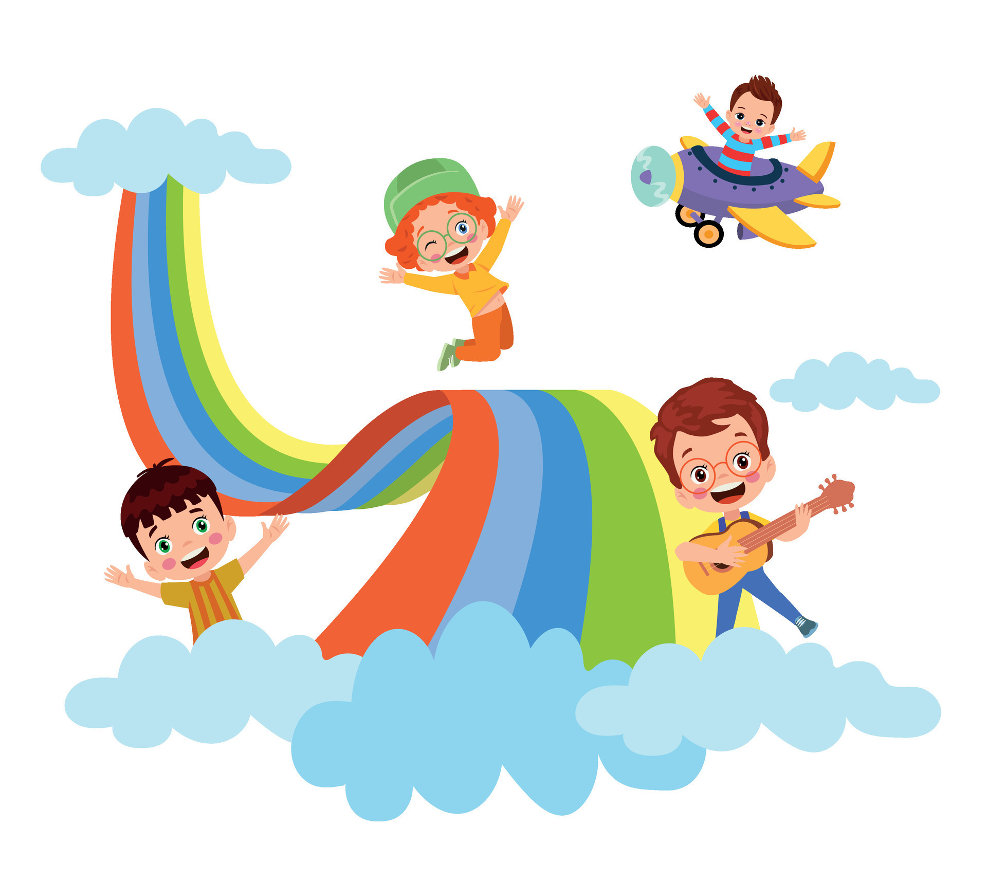 Children playing on a rainbow. Vector illustration in flat cartoon ...