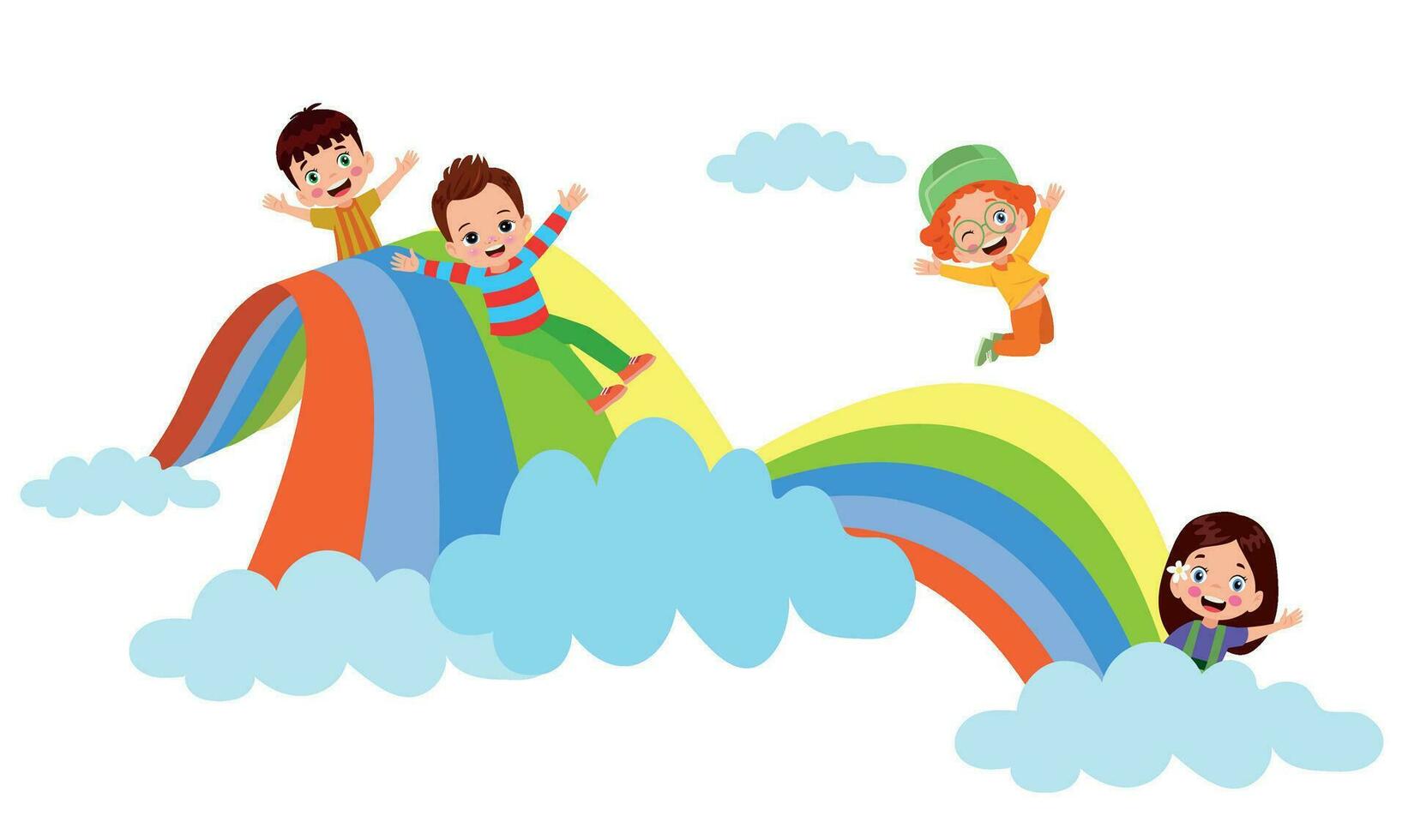 Children playing on a rainbow. Vector illustration in flat cartoon style.