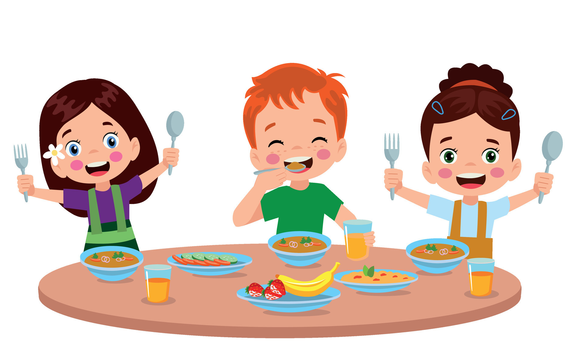 Boy and girls eating at the dining table 25515870 Vector Art at Vecteezy