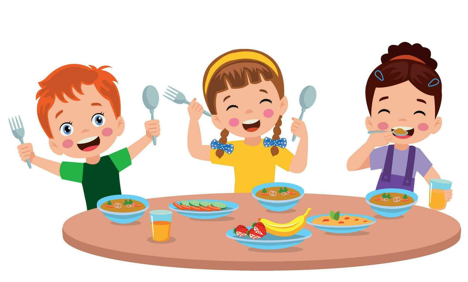 Boy and girls eating at the dining table vector