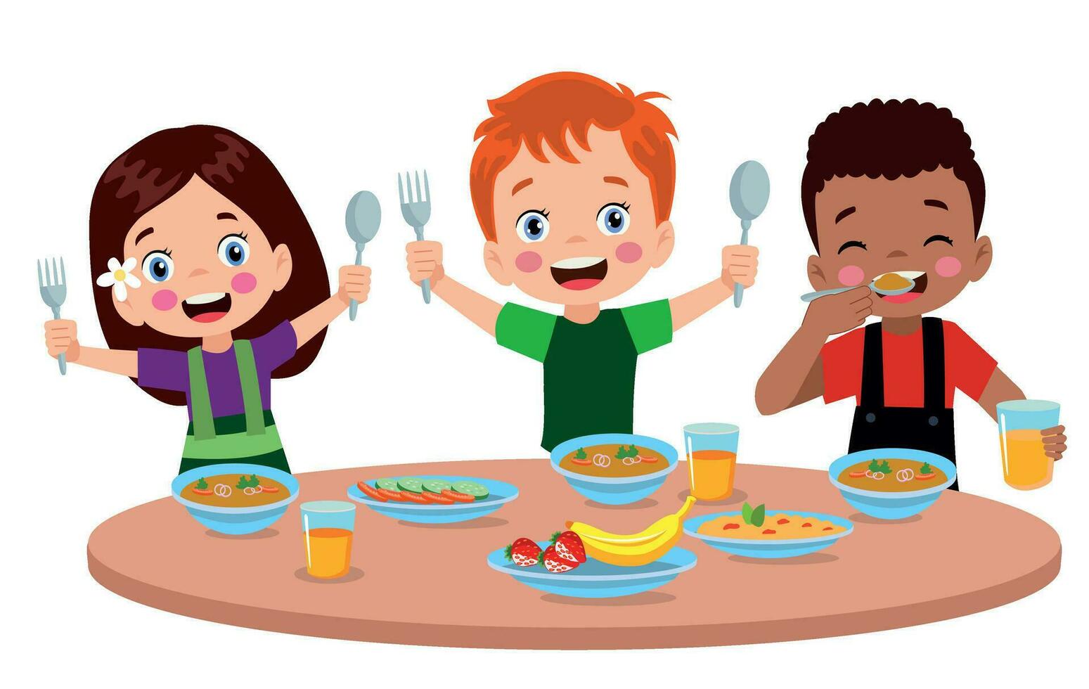 Boy and girls eating at the dining table 25515884 Vector Art at Vecteezy