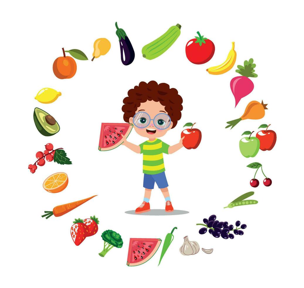 cute kids eating assorted fruits vector