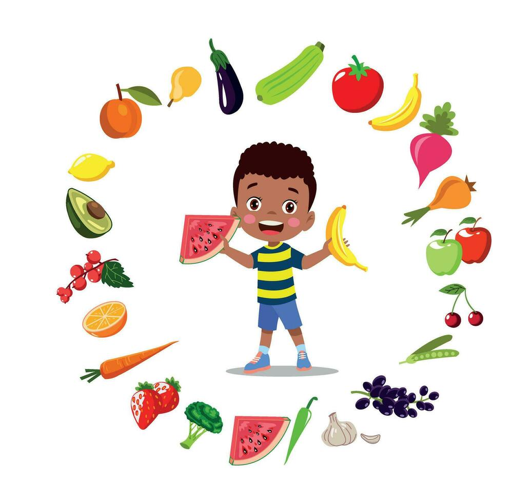 cute kids eating assorted fruits vector