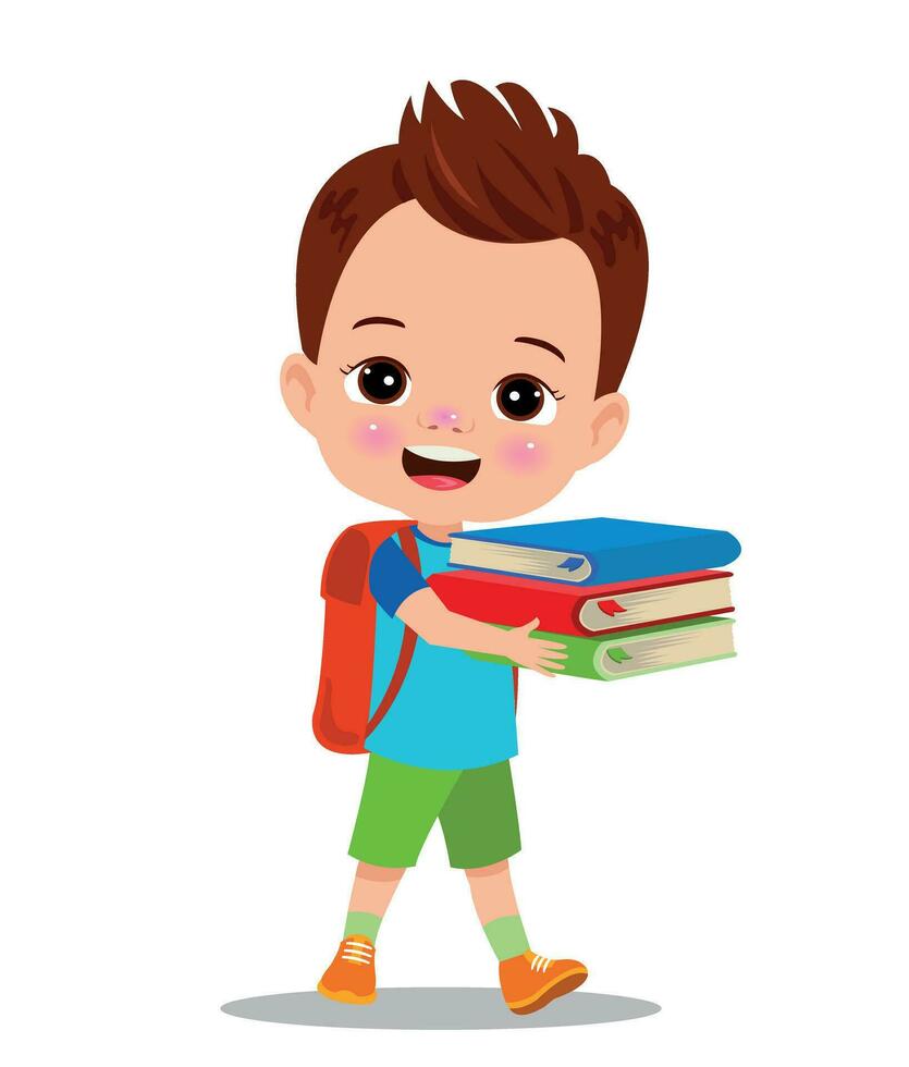 Cartoon boy holding a pile of books vector