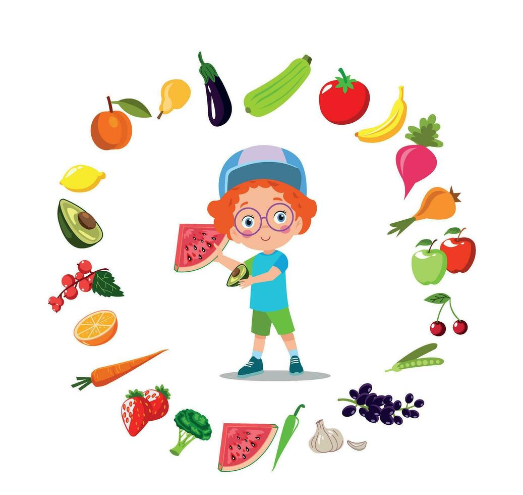 cute kids eating assorted fruits vector