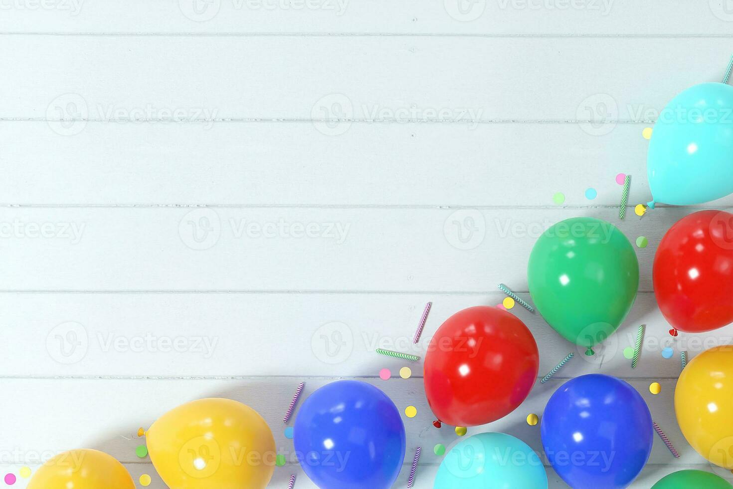 Colorful balloons with confetti and birthday candles photo