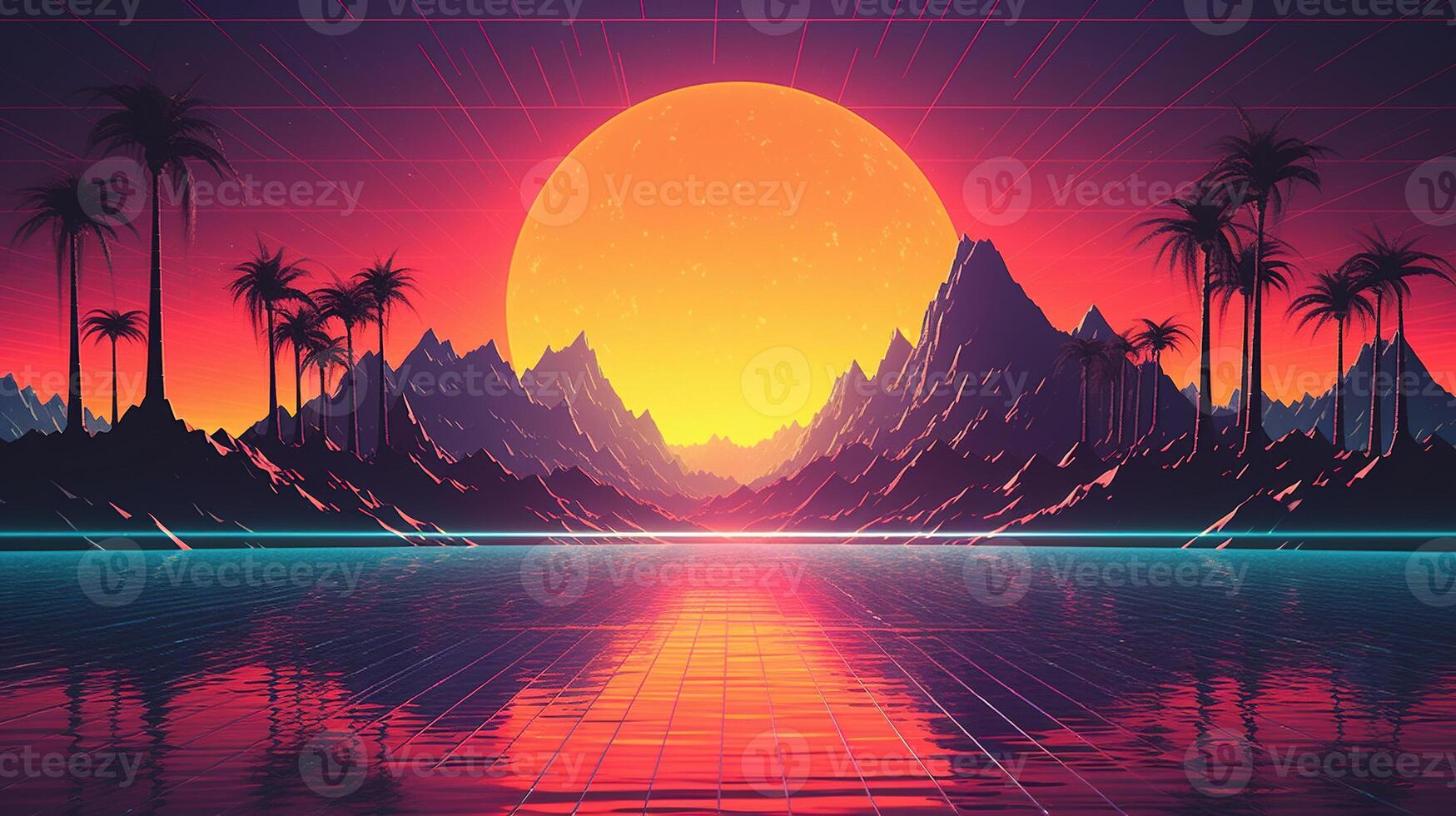 , 80s retro futuristic sci-fi., nostalgic 90s. Night and sunset neon colors, cyberpunk vintage illustration. Sun, mountains and palms. Retrowave VJ game landscape. photo