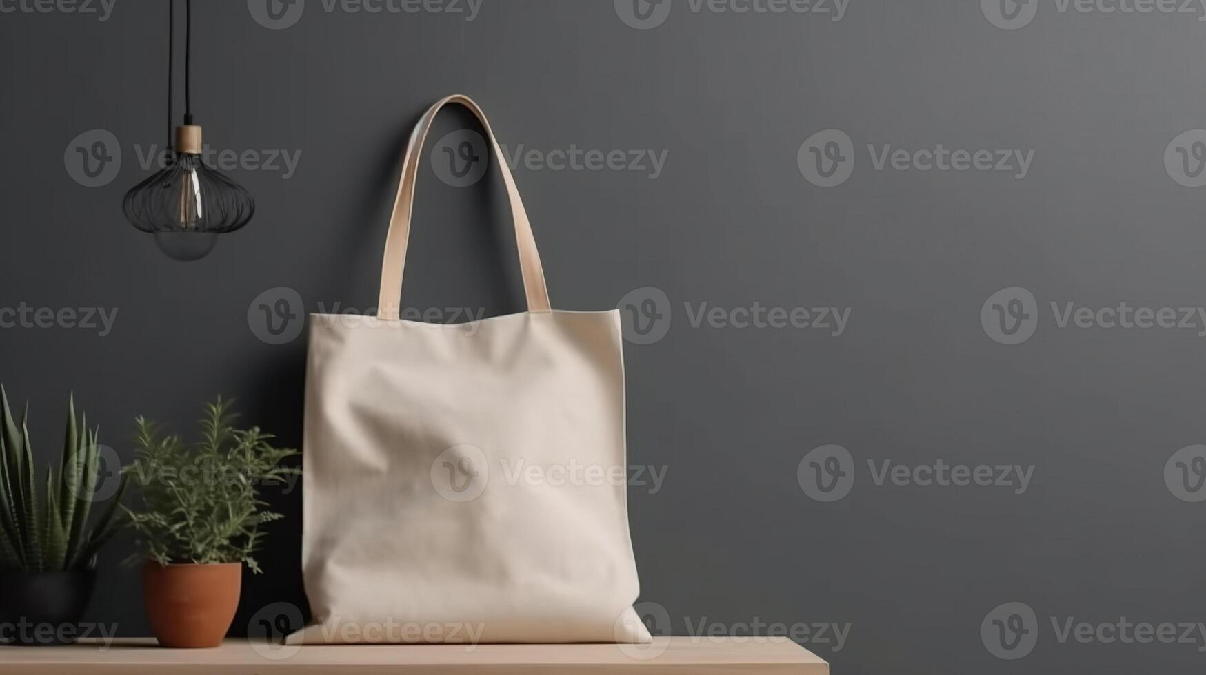 , Realistic beige tote canvas fabric bag set-up in at home interior, shopper mock up blank. photo