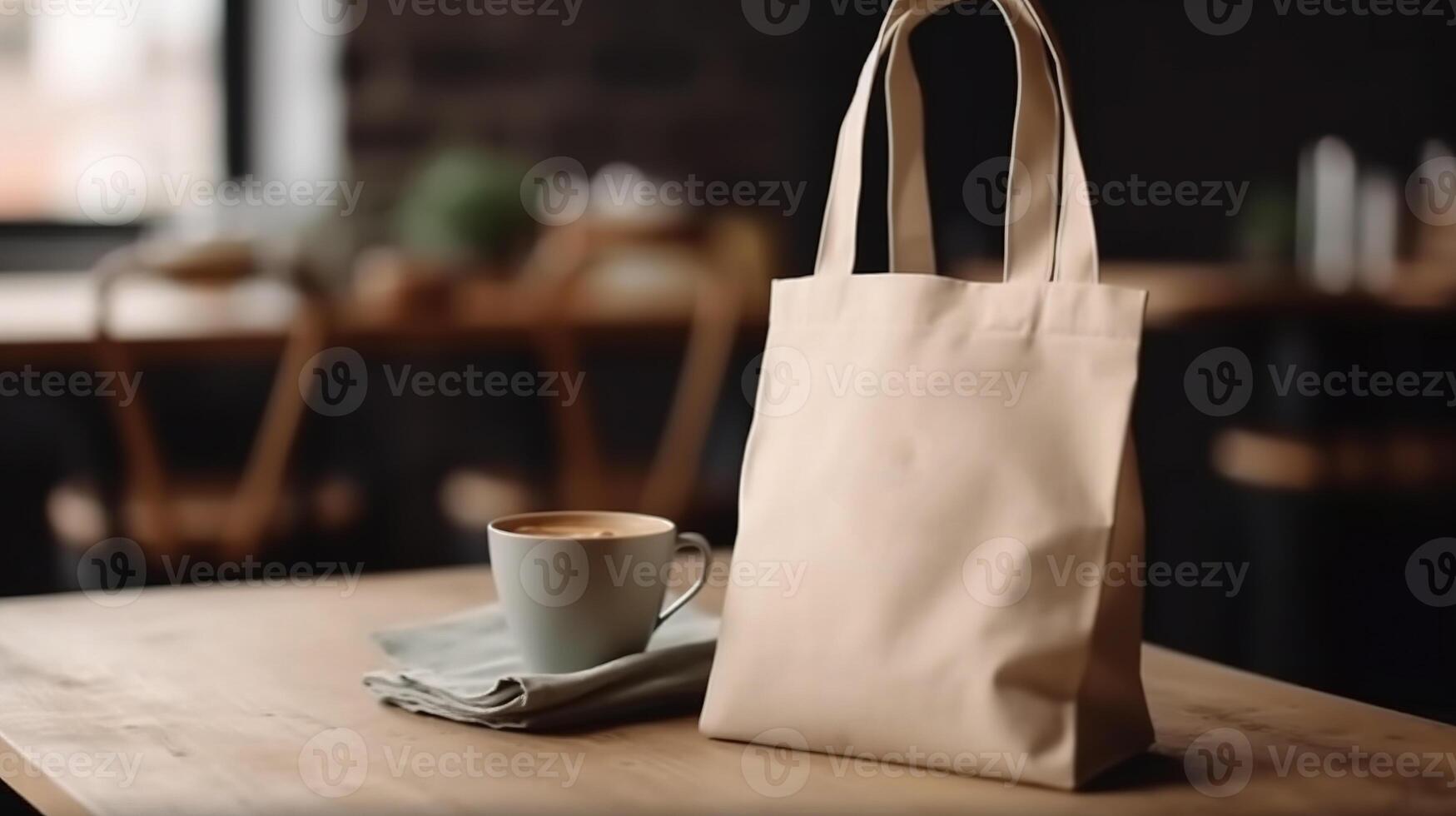 , Realistic beige tote canvas fabric bag set-up in at home interior, shopper mock up blank. photo