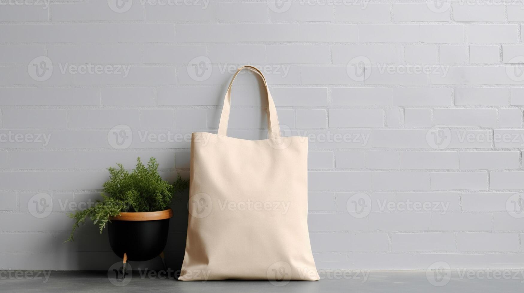 generativo ai, realista beige totalizador lona tela bolso configuración en a hogar interior, comprador burlarse de arriba blanco. foto