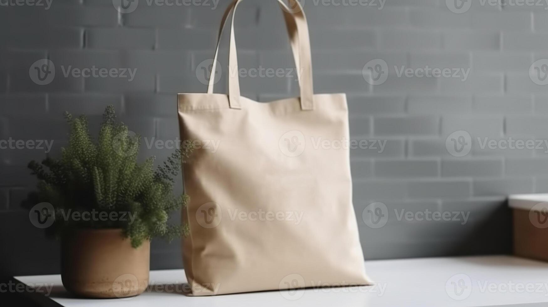 , Realistic beige tote canvas fabric bag set-up in at home interior, shopper mock up blank. photo