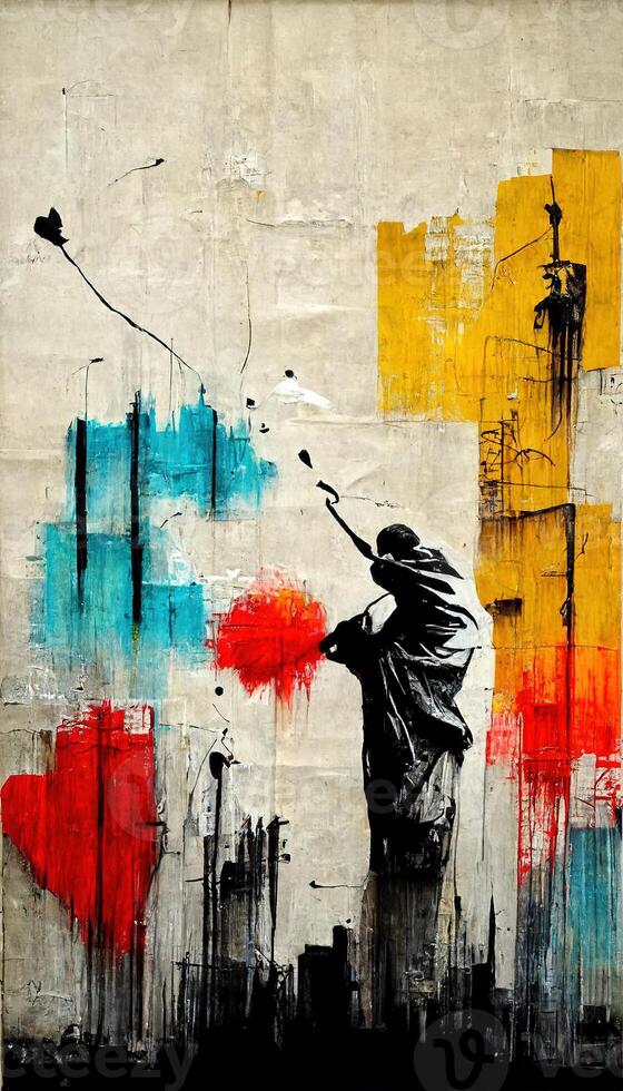 , Ink black street graffiti art on a textured paper vintage background, inspired by Banksy. Vertical poster. photo