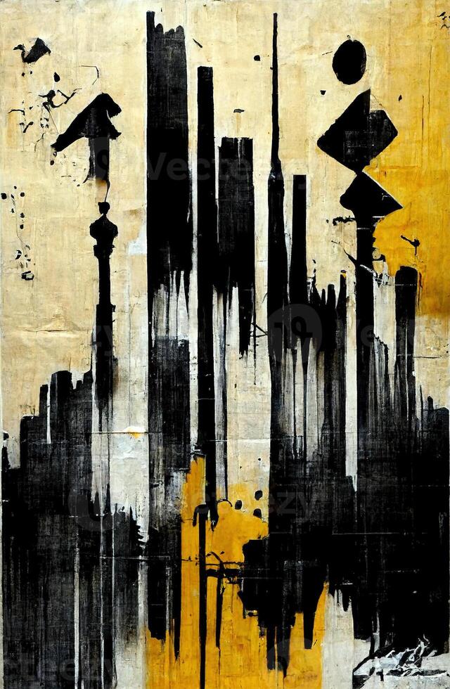 , Ink black street graffiti art on a textured paper vintage background, inspired by Banksy. Vertical poster. photo