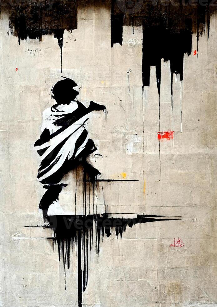 , Ink black street graffiti art on a textured paper vintage background, inspired by Banksy. Vertical poster. photo