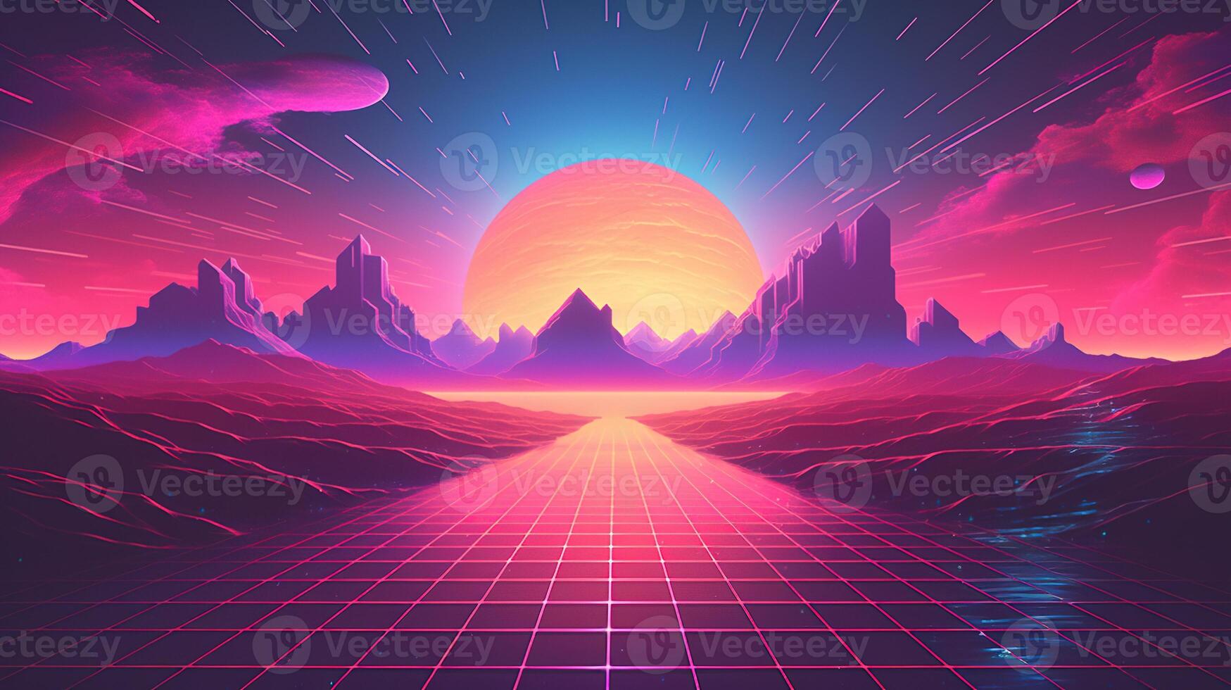 , 80s retro futuristic sci-fi., nostalgic 90s. Night and sunset neon colors, cyberpunk vintage illustration. Sun, mountains and palms. Retrowave VJ game landscape. photo