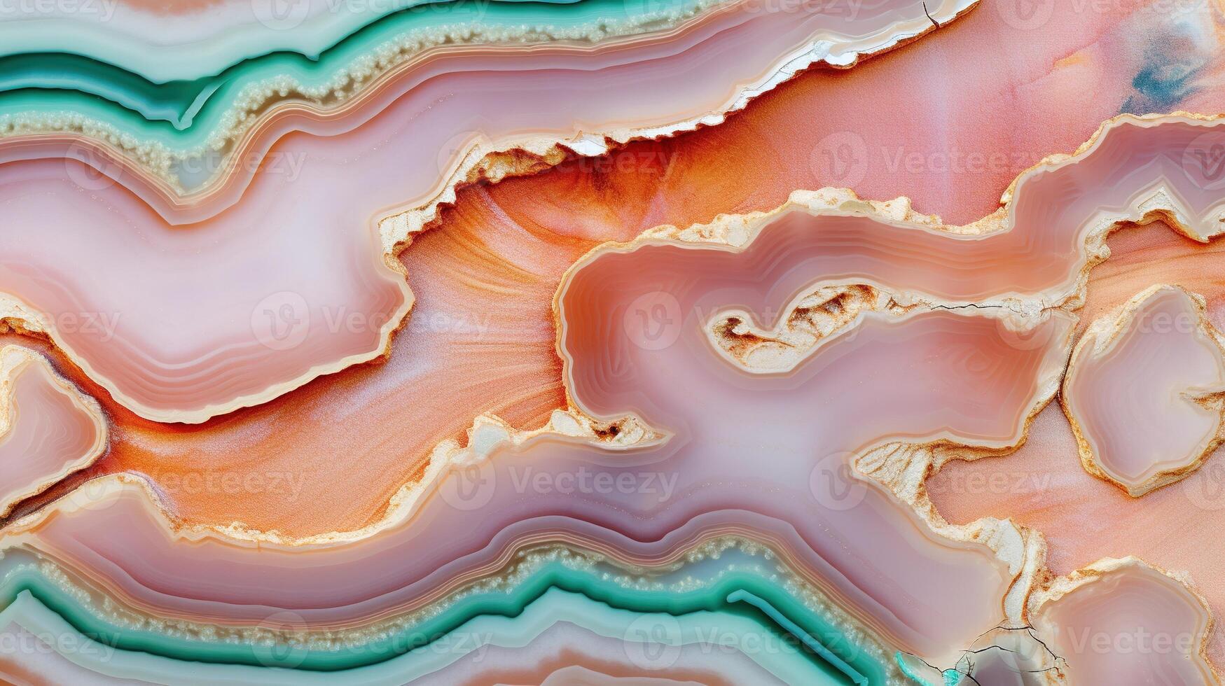 , natural volcanic agate stones close-up light pink, green and golden texture. Wallpaper background, quartz marble, decorative rock pattern. photo
