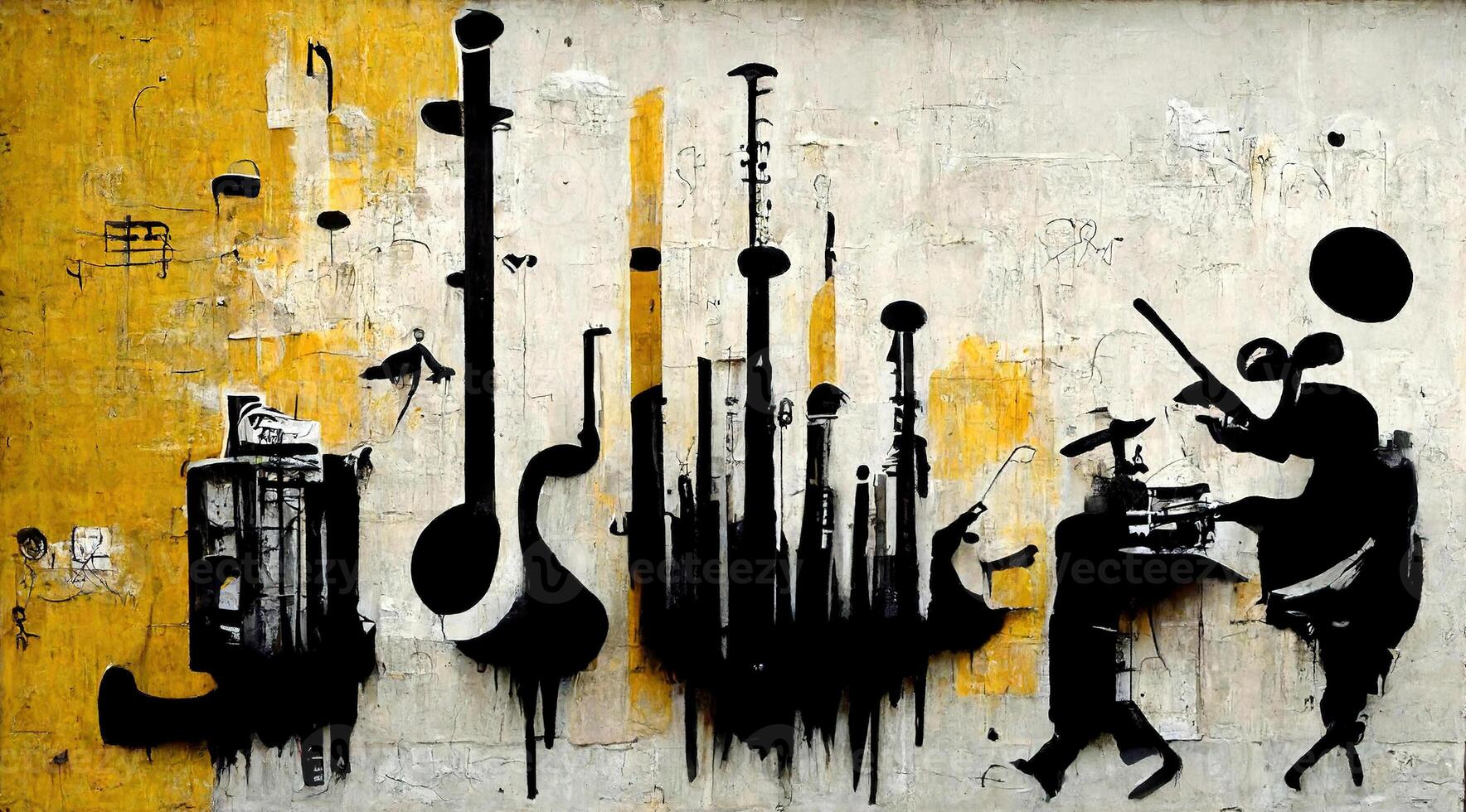 , Abstract Street art with keys and musical instruments silhouettes. Ink colorful graffiti art on a textured paper vintage background, inspired by Banksy. photo