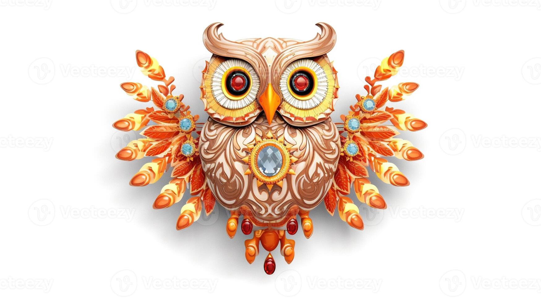 , beautiful colorful owl brooch, opal stone and golden color palette isolated on white background. Bijouterie, jewelry close up photo