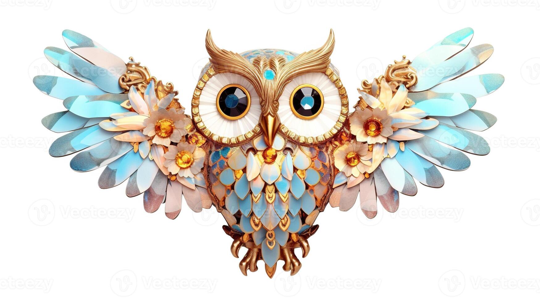 , beautiful colorful owl brooch, opal stone and golden color palette isolated on white background. Bijouterie, jewelry close up photo