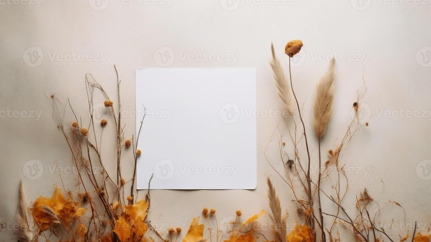 , Bohemian white blank sheet paper surrounded by natural dried leaves and plants, poster mock up photo